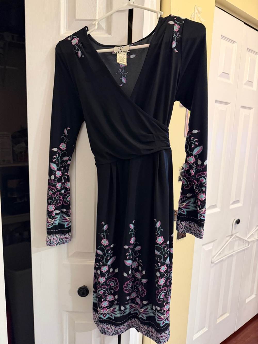 Ice Black Long-Sleeve Floral Wrap Dress